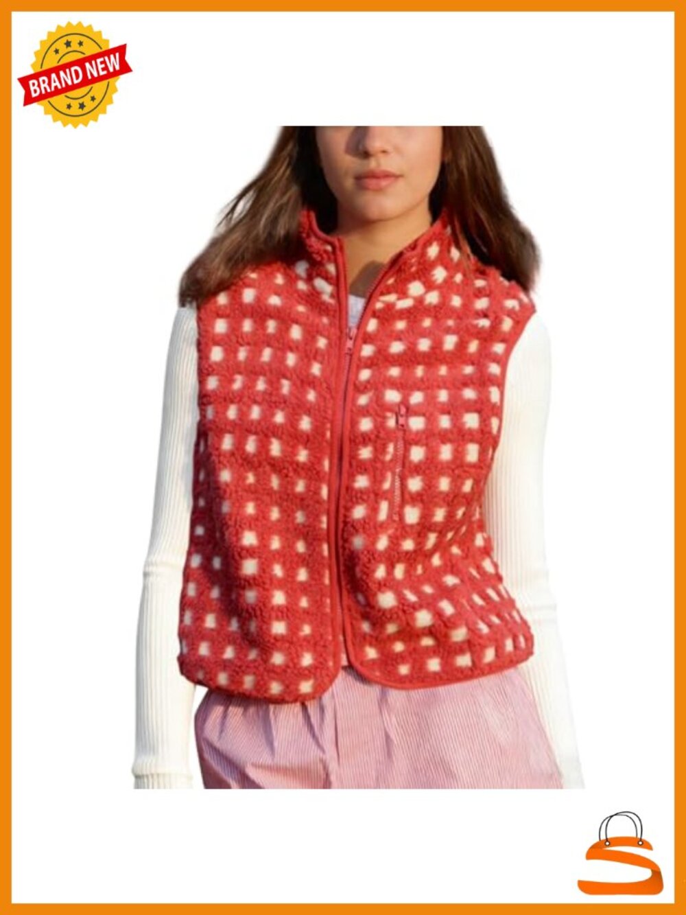 Plaid Sherpa Fleece Vest Women Sleeveless Full Zip Winter Jacket